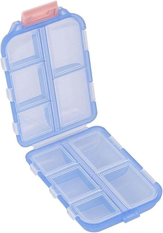 Pill Case - Portable Tablet Container Box with 10 Compartments - Medicine Capsule Vitamin Foldable Organizer Dispenser Holder Storage for Travel Trip Pocket Purse - Clear Blue