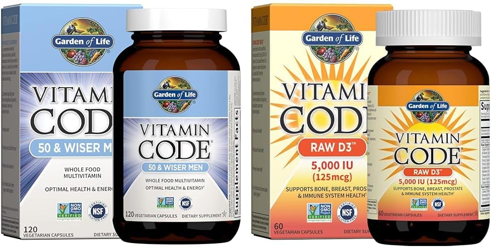 Garden of Life Men's 50 & Wiser Raw Whole Food Multivitamin, Vitamin D3 5,000 IU & Vitamin Code Raw Vitamins Bundle