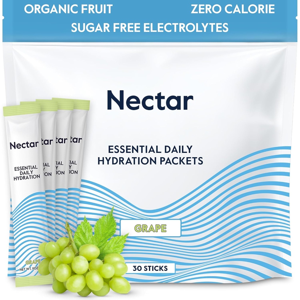 Nectar Hydration Packets - Electrolytes Powder Packets - Sugar Free & 0 Calorie - Organic Fruit Liquid Daily IV Hydrate Sticks for Dehydration Relief & Rapid Rehydration (Grape 30 Pack)