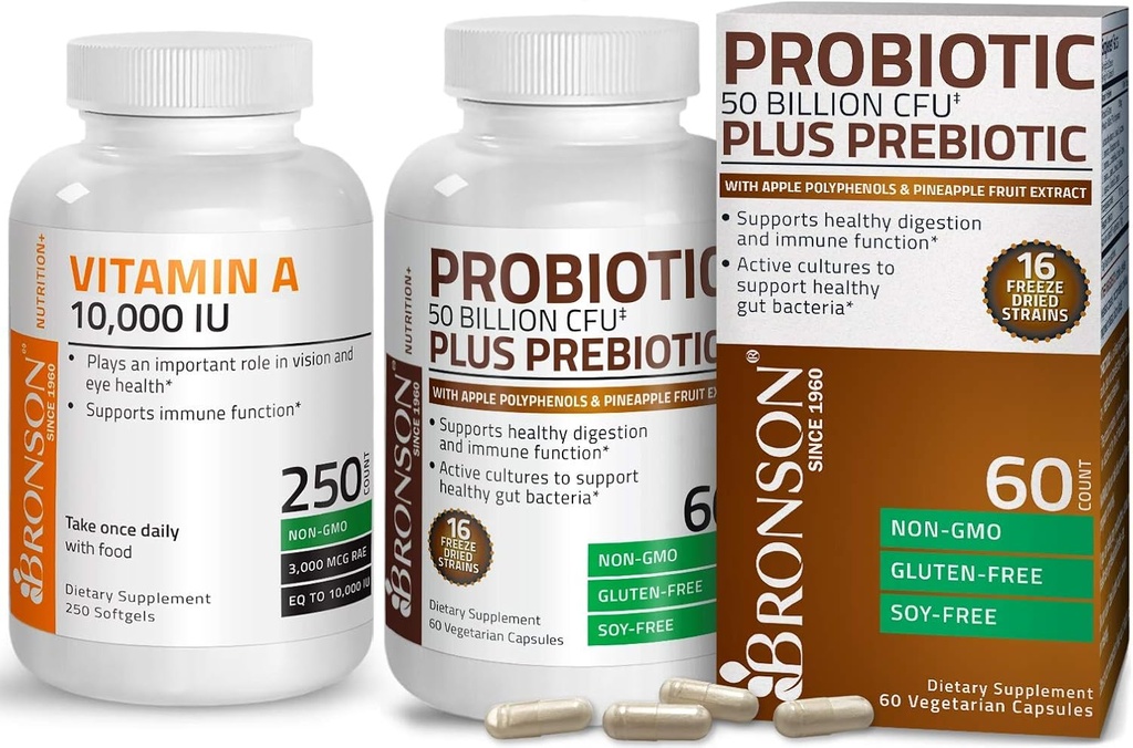 Probiotic 50 Billion CFU + Prebiotic with Apple Polyphenols & Pineapple Fruit Extract + Vitamin A 10,000 IU Premium Non-GMO Formula