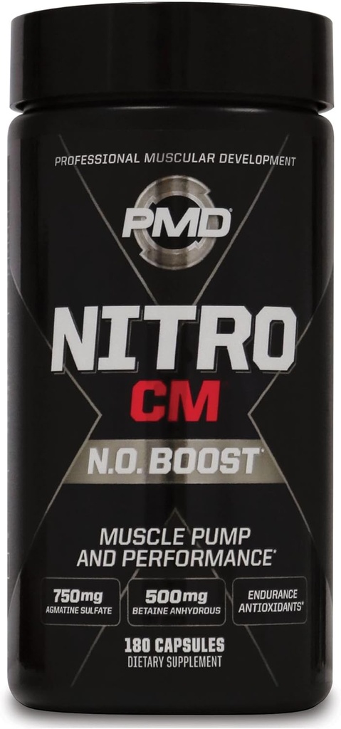 PMD Sports Nitro CM Nitric Oxide with Agmatine Pre Workout Supplement - Muscle Growth and Muscle Pump with L Arginine - Endurance Boost for Hardcore Training and Bodybuilding Preworkout (180 Capsules)