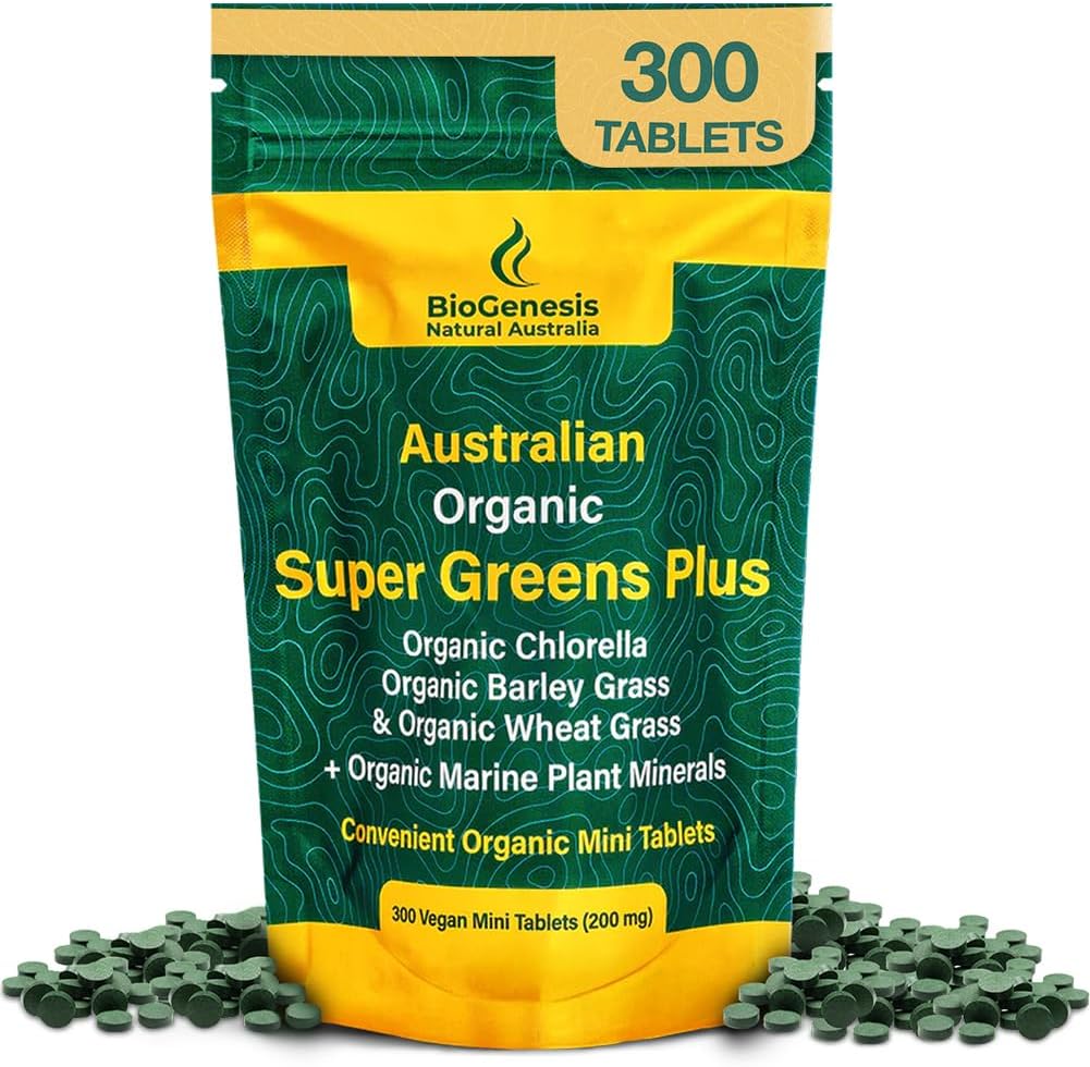 Biogenesis SuperGreens Plus Tablets – 300 Count (200 mg) | Unflavored | Organic Chlorella, Wheatgrass & Barley Grass | Australian Grown | Supports Energy & Immunity | Vegan Mini Talets