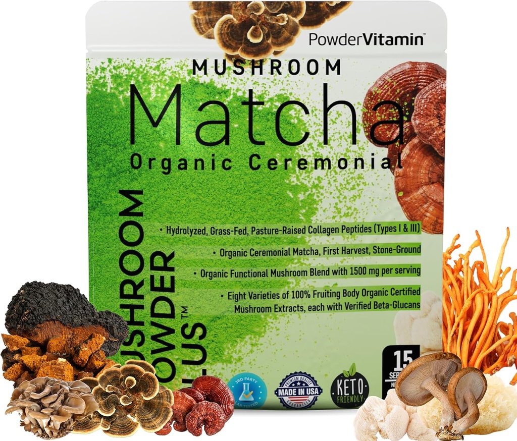 PowderVitamin Organic Mushroom Matcha Powder Certified Pesticide-Free Grass-Fed Collagen Types I & III, 8 Fruiting Body Mushrooms Tested for Beta-Glucans Focus Digestion & Immunity 15 Servings