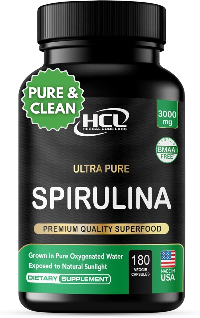 Spirulina Powder Capsules 3000 mg - Purest Non-Irradiated Blue Green Algae - Best Raw Vegan Protein - Green Superfood - Natural Multivitamins – 180 Pills Made in The USA