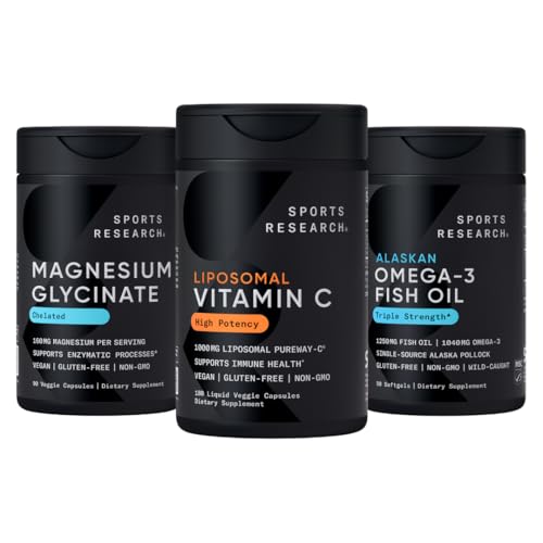 Sports Research® Multivitamins Pack - High Potency Liposomal Vitamin C Supplement 1000 mg + Magnesium Glycinate 160 mg + Omega-3 Fish Oil 1250 mg
