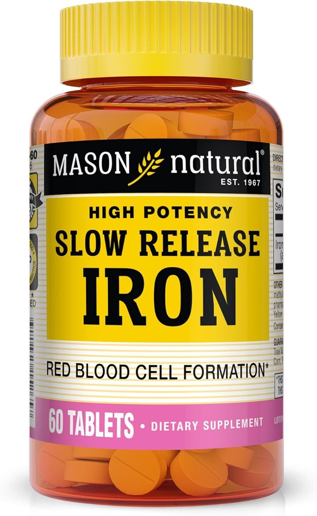 Mason Natural Slow,Release Iron (Ferrous Sulfate) 50 mg Tablets, 180 Day Supply, High Potency Supplement, Gentle on Stomach, 1 Pack