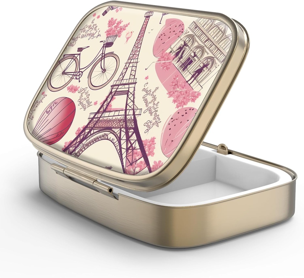 Pill Case Pill Box with Mirror Retro 2 Compartment Small Pill Case for Purse or Pocket Bronze Rectangular Pill Box or Vitamins, Fish Oil, Supplements, Pill Containe Travel Gifts（Paris Eiffel Tower）