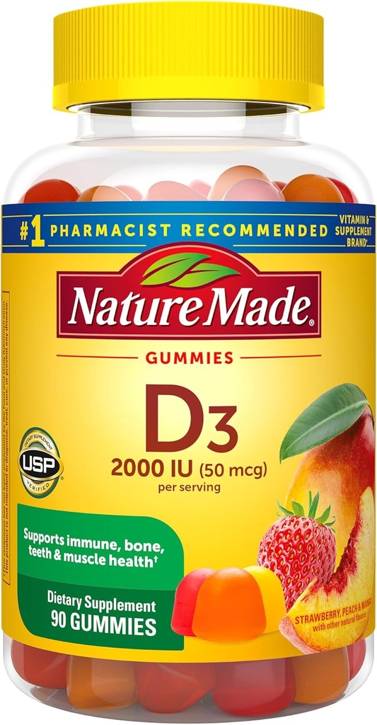 Nature Made Vitamin D3 2000 IU Per Serving Gummies, Bone, Teeth, Muscle and Immune Health Support, 45 Day Supply, 90 Vitamin D Gummies for Adults