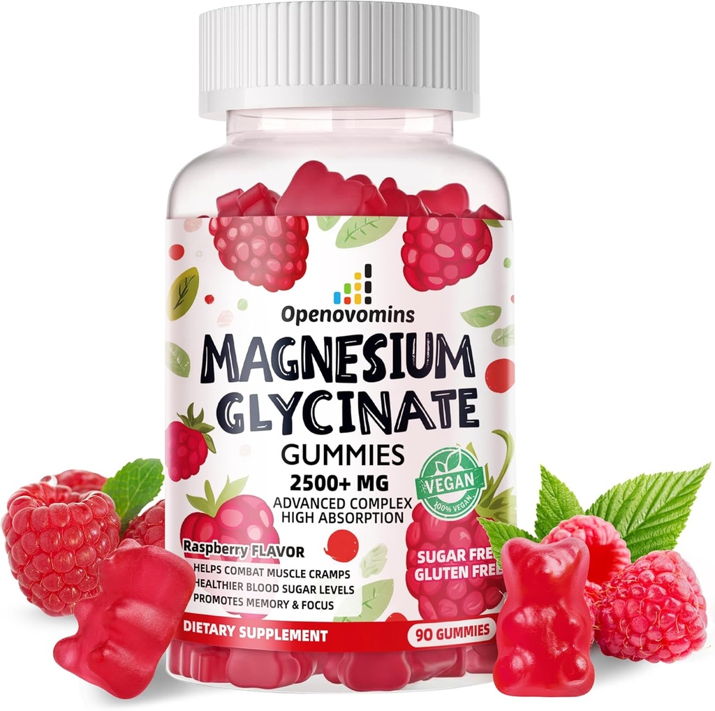 Magnesium Glycinate Gummies 2500mg - Sugar Free Magnesium Potassium Supplement with Vitamin D, B6, CoQ10 for Calm Mood & Sleep Support - 90 Raspberry Gummies