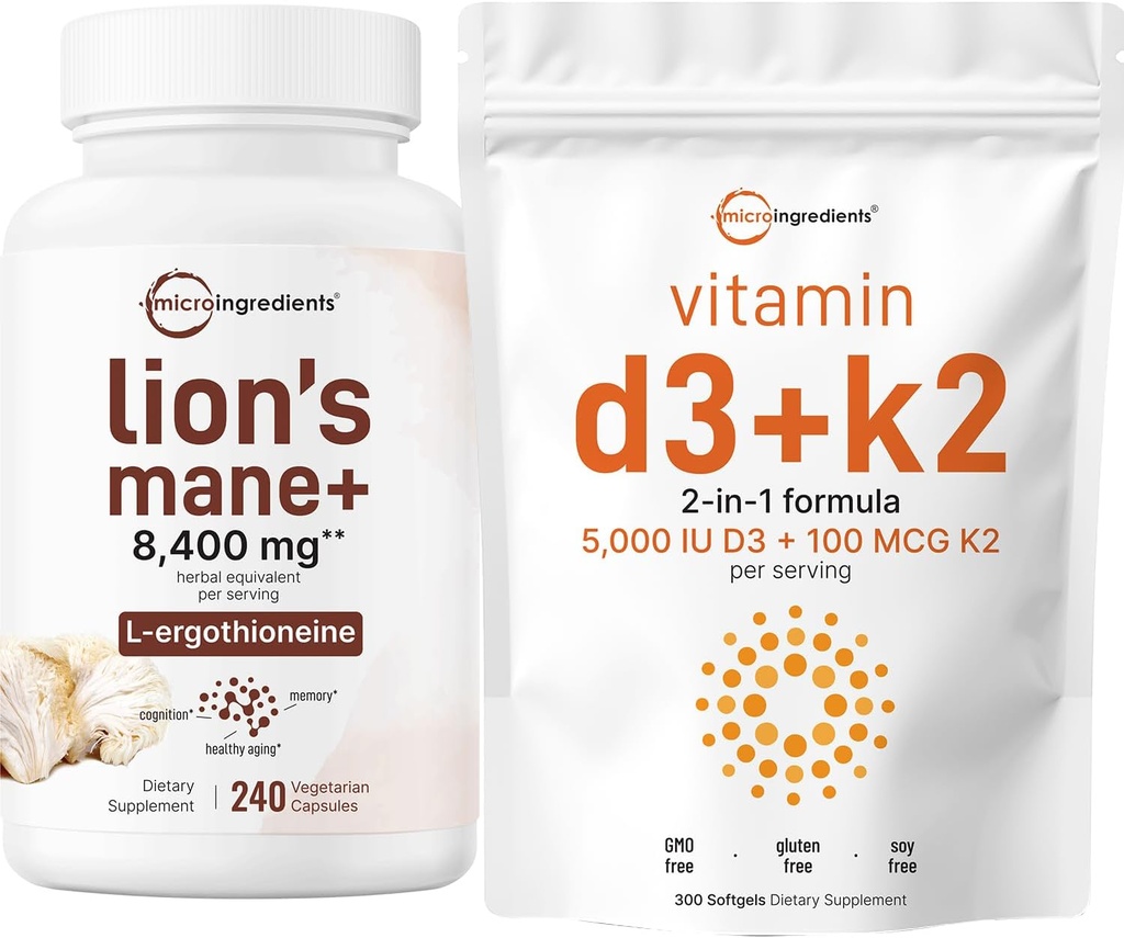 Micro Ingredients Vitamin D3 5,000iu + K2 100mcg Softgels & Lions Mane Supplement 240 Veggie Capsules Bundle 2 Pack | Essential Sunshine Vitamins | Superfood Mushroom Antioxidants with L-Ergothioneine