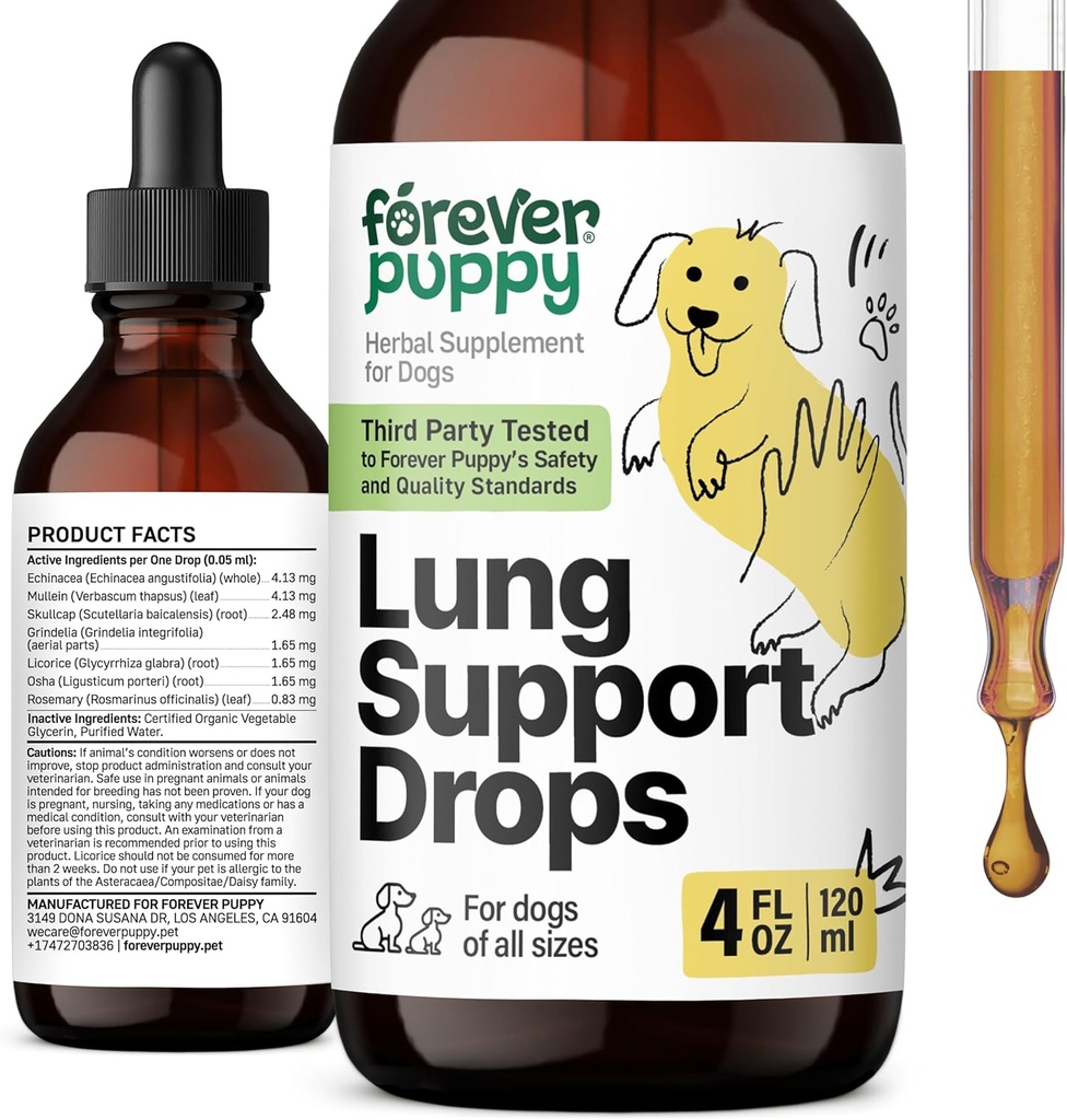 Lung Support Drops for Dogs - Respiratory Health Supplements - Mullein Leaf & Echinacea Herb for Lungs - Liquid Dog Vitamins and Supplements - Sugar & Alcohol-Free Tincture - 4 fl oz