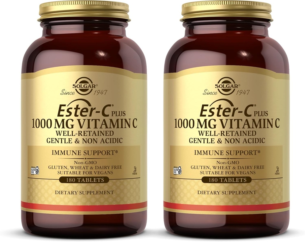 SOLGAR Ester-C Plus 1000 mg Vitamin C (Ascorbate Complex) - 180 Tablets, Pack of 2 - Gentle & Non Acidic - Supports Upper Respiratory Health - Non-GMO, Gluten Free - 360 Total Servings
