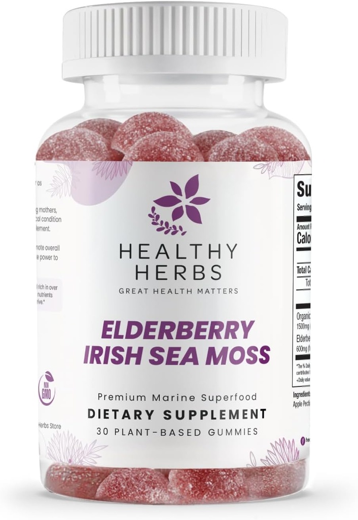Organic Sea Moss Gummies - Concentrated 2100mg Irish Sea Moss + Elderberry Essentials Blend - Advanced Once-Daily Formulation Made with Apple-Extracted Gummy (30 Count)