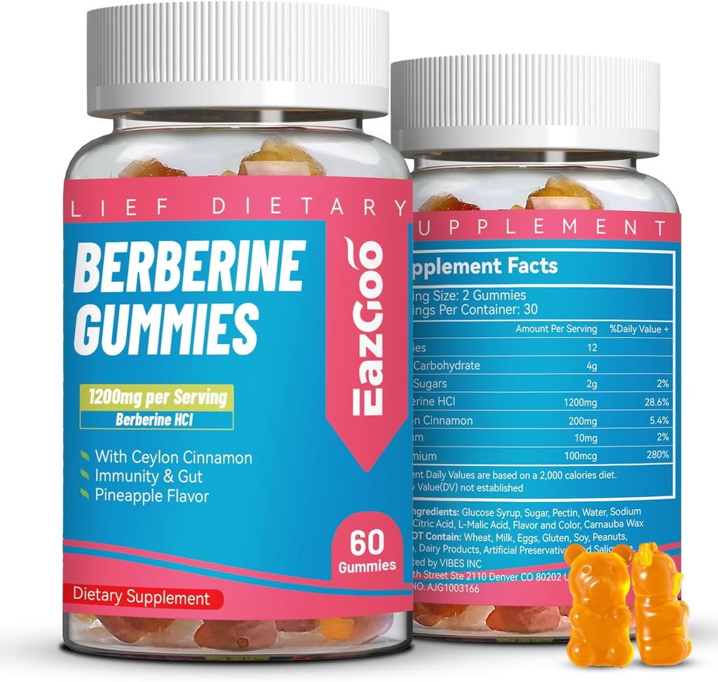 Berberine Gummies with Ceylon Cinnamon,1200mg Berberine HCI Supplement for Metabolism and Energy Support, Vegan, Non-GMO and Gelatin-Free - 60 Count