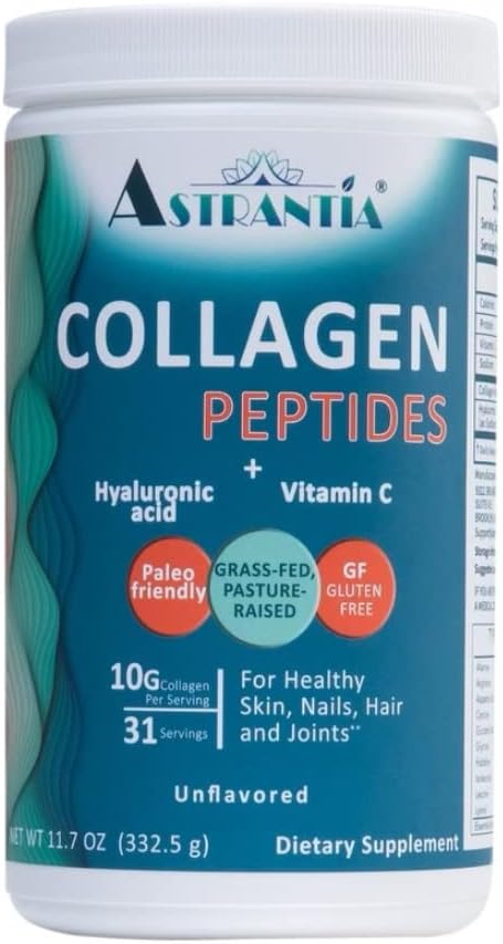 ASTRANTIA Collagen Peptides Powder, Grass-fed Unflavored Collagen with Hyaluronic Acid and Vitamin C for Healthy Nails, Skin, Hair and Joints | Paleo Friendly | Gluten Free | Non GMO |11.7 OZ