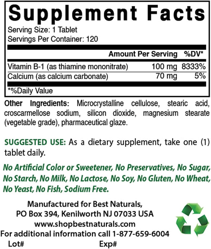 Best Naturals Vitamin B1 as Thiamine Mononitrate 100 mg & Folic Acid 1000 mcg