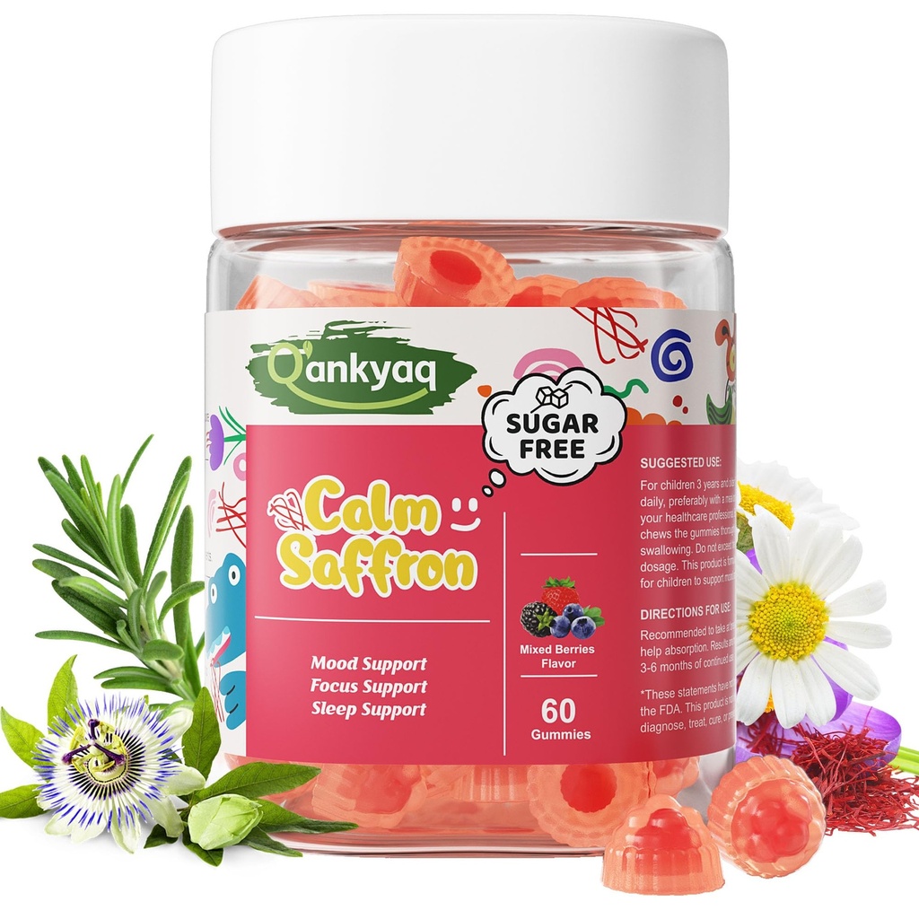 Q'ankyaq Kids Saffron Gummies, Saffron Supplements for Kids (3 yrs+), Focus and Memory Gummiess, Mood Balance with Rosemary, Passion Flower Extract, Chamomile Extract, Sugar-Free, Vegan, 60 Counts