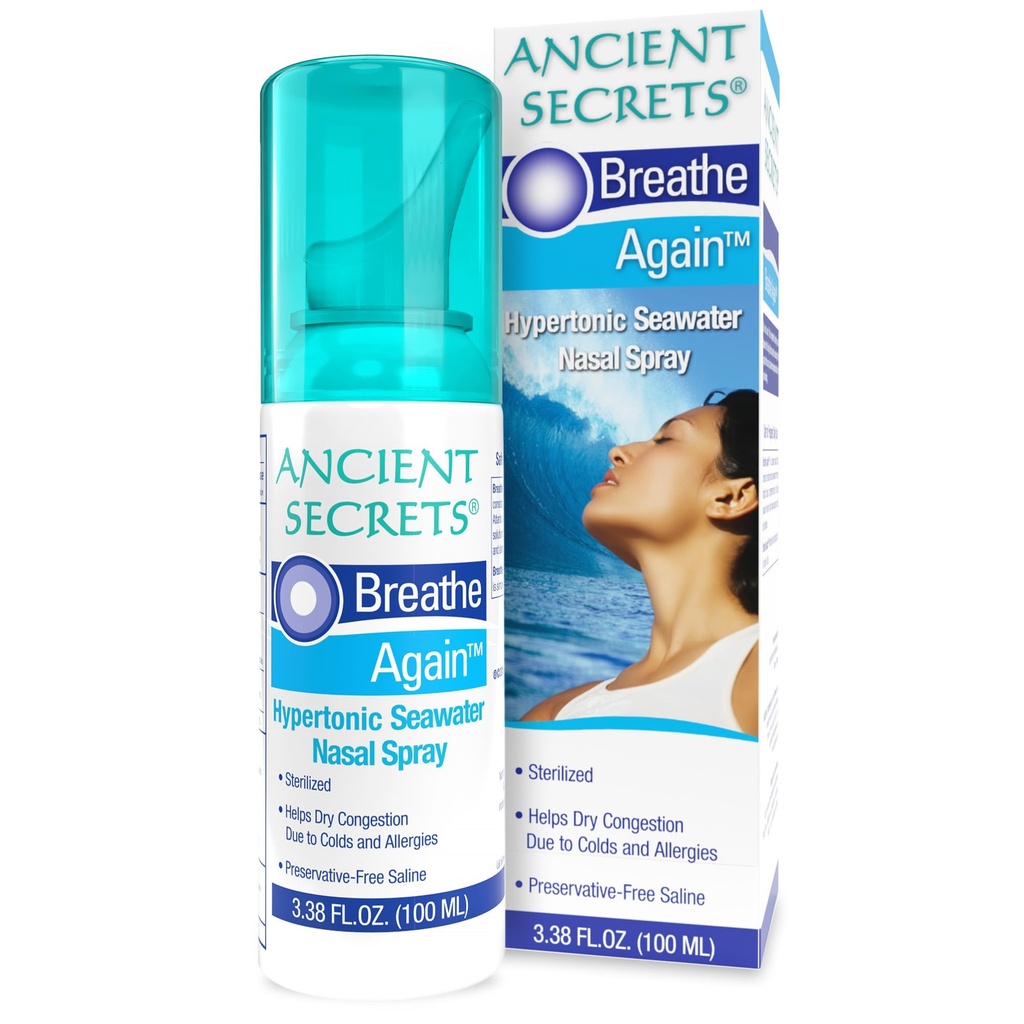 ANCIENT SECRETS Saline Nasal Spray - Breath Again Hypertonic Seawater Nasal Spray, Allergy & Sinus Relief, Nasal Congestion Moisturizer, 3.38 Fl Oz