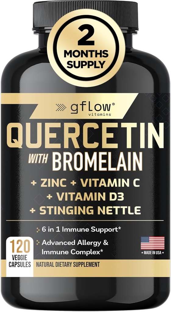 Quercetin with Vitamin C and Zinc - Quercetin 500mg - Quercetin with Bromelain - Zinc Quercetin - Stinging Nettle -120 Veggie Caps. Quercetin Supplements + Vitamin D3 (Non-GMO, Gluten-Free, Vegan)