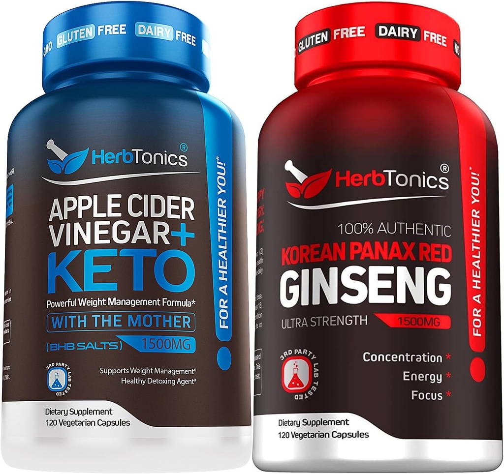 Herbtonics Apple Cider Vinegar Capsules Plus Keto BHB | Fat Burner & Weight Loss Supplement for Women & Men - High Strength Ginseng Korean Red Panax Extract - Performance Support for Men & Women