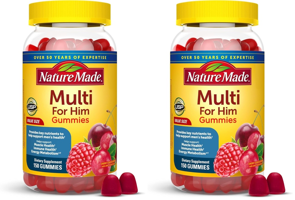 Nature Made Multi for Him, Mens Multivitamins Gummies, Energy Metabolism Support, Multivitamin for Men, 150 Gummy Vitamins and Minerals, 75 Day Supply, (Pack of 2)
