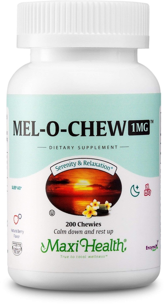 Maxi Health 1mg Melatonin Chewables – Adults & Kids Melatonin to Encourage Natural Sleep – Non-Habit Forming Kosher Sleep Supplement with Enzymax for Fast-Acting Support (200 Units)