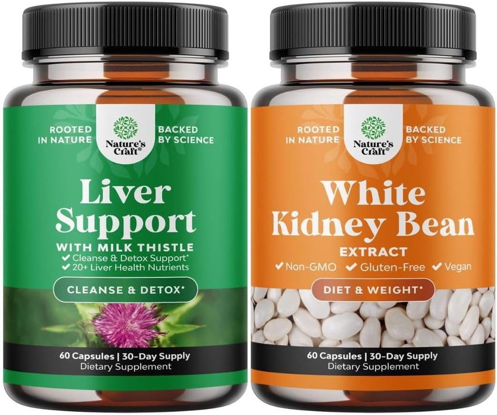 Bundle of Milk Thistle Liver Support Supplement and White Kidney Bean Energy Booster - Herbal Liver Supplement with Silymarin Milk Thistle - Natural Energy Pills and White Bean Extract Supplements