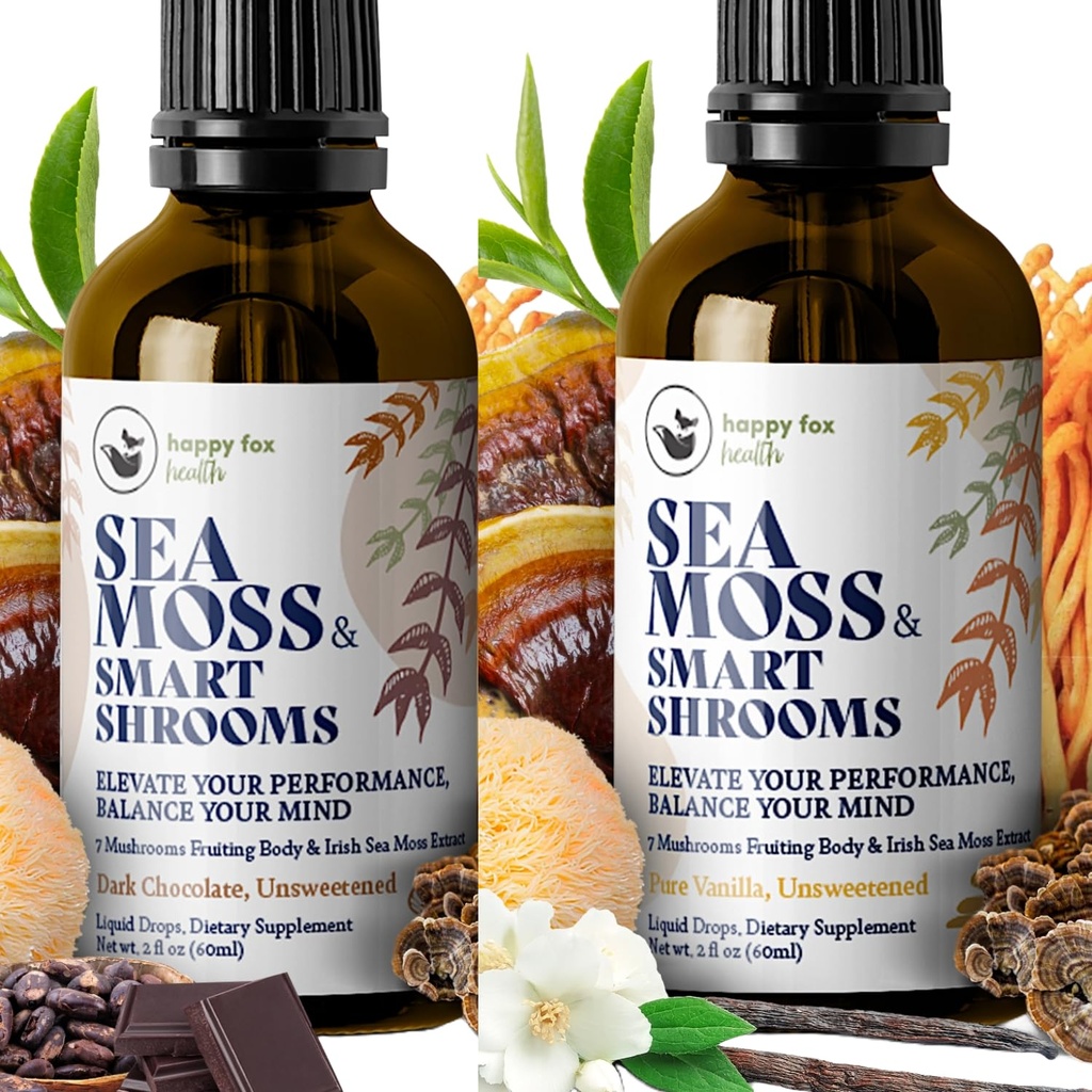 HAPPY FOX Sea Moss & Smart Shrooms Liquid Drops, 2 Flavor Bundle - Pure Vanilla & Dark Chocolate, Nootropic Brain Supplements to Boost Focus & Immune Support