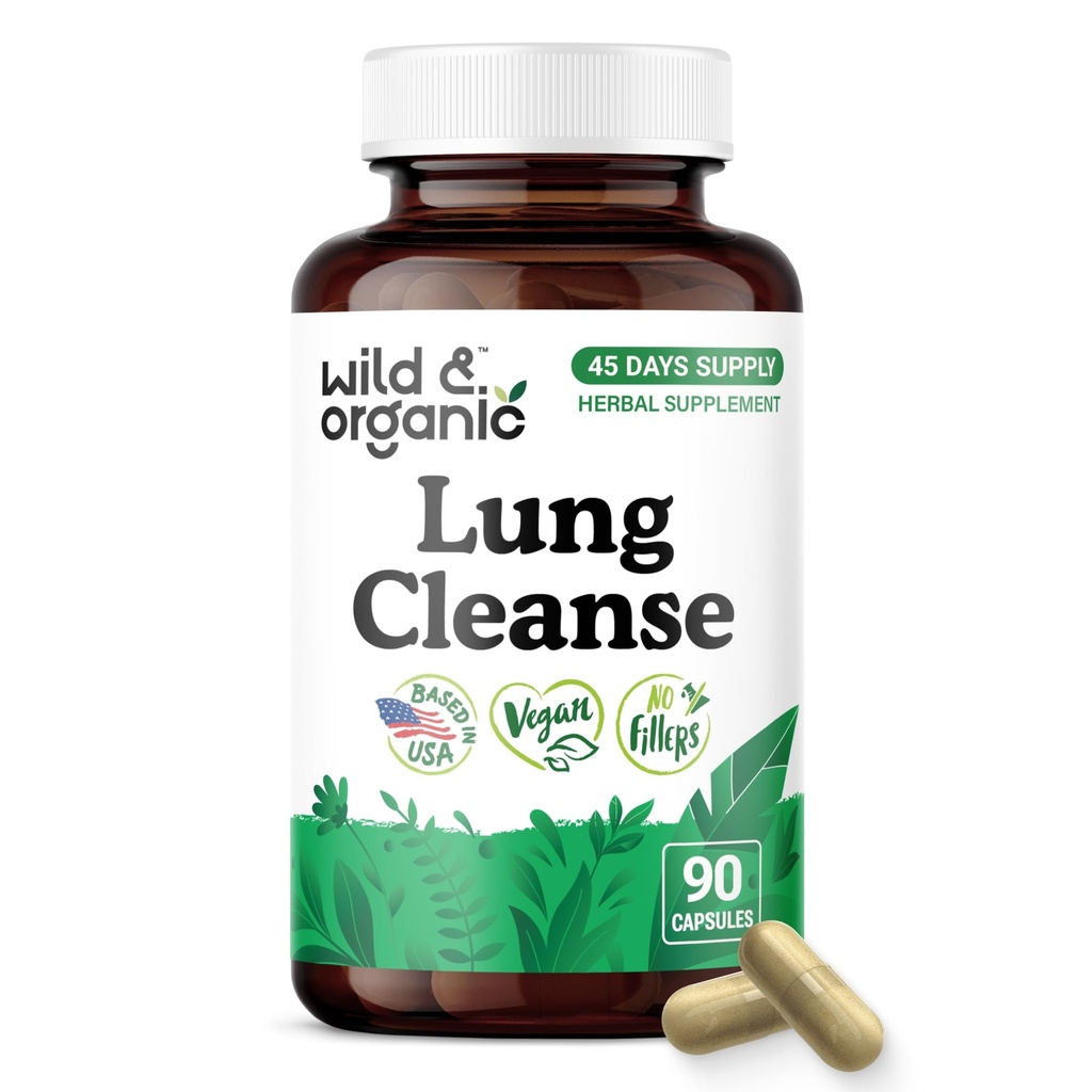 Wild & Organic Lung Cleanse Capsules - Lung Support Supplement with Mullein Leaf, Stinging Nettle, Angelica & Korean Panax Ginseng Powder - Vegan, No Fillers, Non-GMO - 90 Count