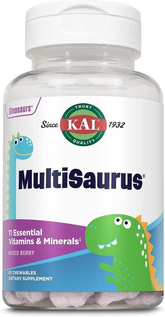 KAL MultiSaurus Kids Chewable Multivitamins, 11 Essential Vitamins and Minerals for Kids, Mixed Berry Flavor, Gluten and Preservative Free, 60 Servings, 60 Dinosaur-Shaped Chewables
