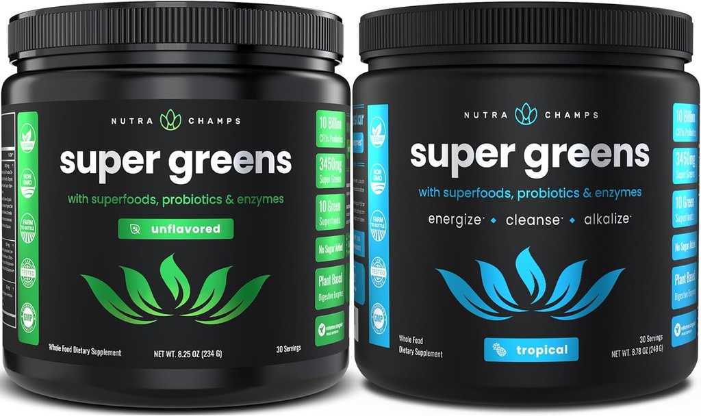 NutraChamps Super Greens Unflavored & Super Greens Tropical Bundle - 2 Month Supply