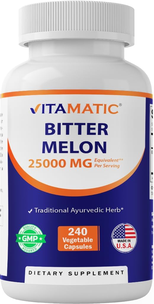 Vitamatic Bitter Melon- 25000 mg Equivalent Per Serving (from 25:1 Extract 1000 mg)- 240 Vegetarian Capsules, and Concentrated 25X Potency 100% Vegetarian, All-Natural and Non-GMO