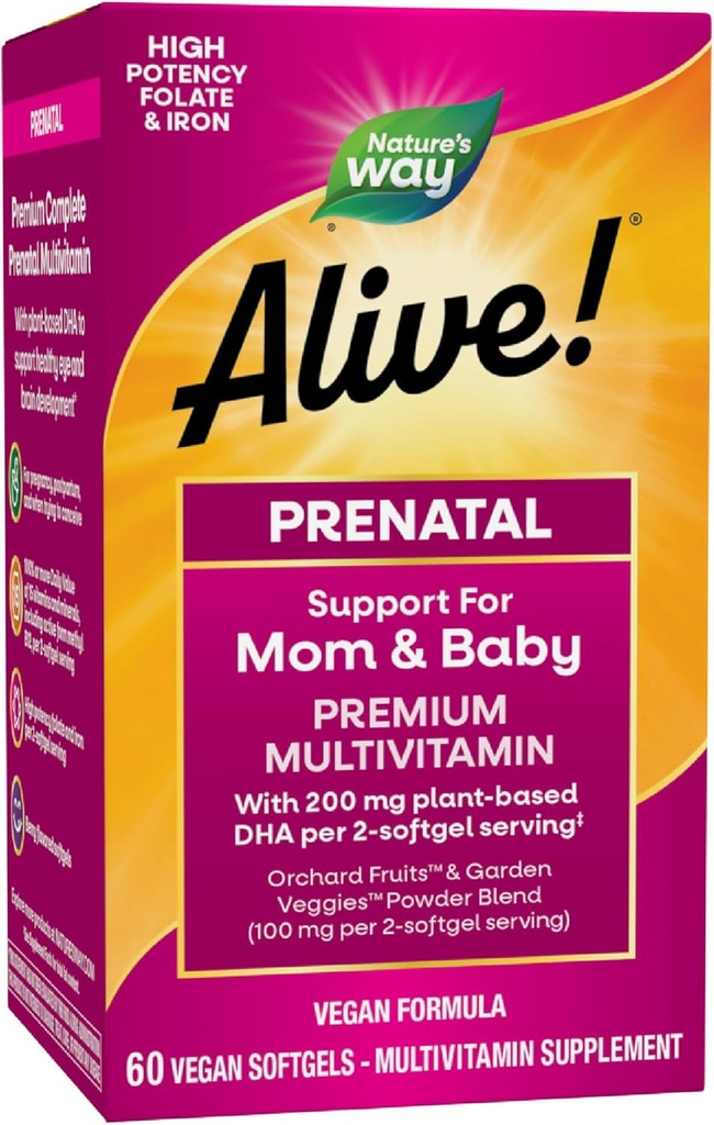Nature's Way Alive Complete Premium Prenatal Multivitamins for Women, Healthy Eye and Brain Development*, 60 Vegan Softgels