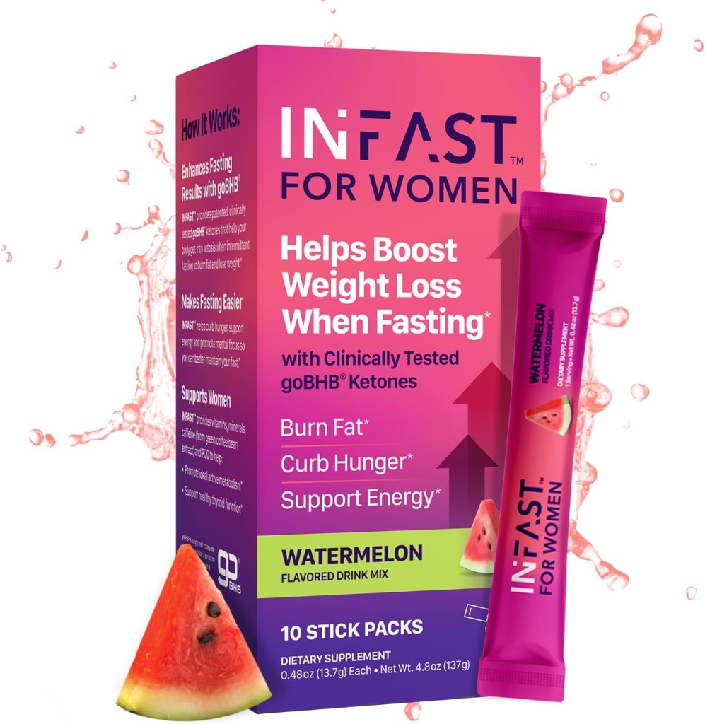 Intermittent Fasting Drink Mix for Women - BHB Exogenous Ketones Powder with Fasting Electrolytes & Green Coffee Bean Extract for Energy Focus and Hormonal Balance Support (Watermelon) - 10ct
