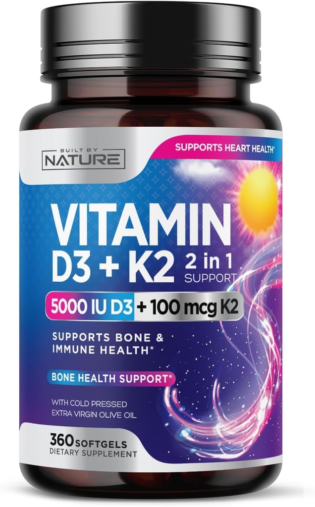 Built by Nature Vitamin D3 K2 with Cold Pressed Extra Virgin Olive Oil – 5000 IU Vitamin D, 100mcg Vitamin K MK-7 Supplement – Easy to Swallow Mini Soft Gels - 1 Year Supply - 360 Softgels