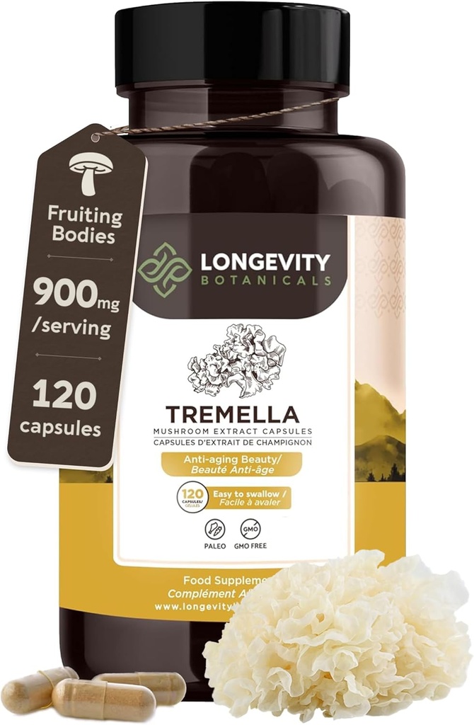 Longevity Botanicals Tremella Mushroom Extract Capsules (120) | Concentrate 10:1 Ratio, 100% Fruiting Bodies | Snow Fungus Mushroom Supplement for Skin, Hair, Nails, Joints & Brain Support
