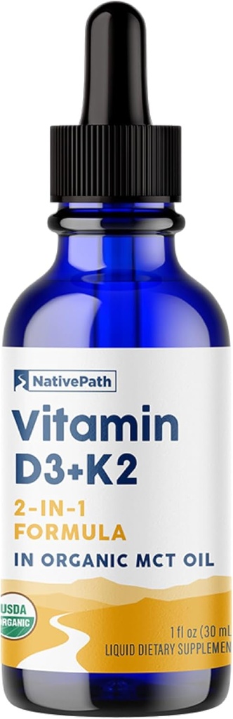 NativePath D3K2 Tincture - 1000IU Vitamin D3 and Vitamin K2 Supplement with Organic MCT Oil - 1 Fluid Ounce - Rapid Bioavailability Multi-Vitamin for Bone Strength and Total Body Wellness, 30 Servings