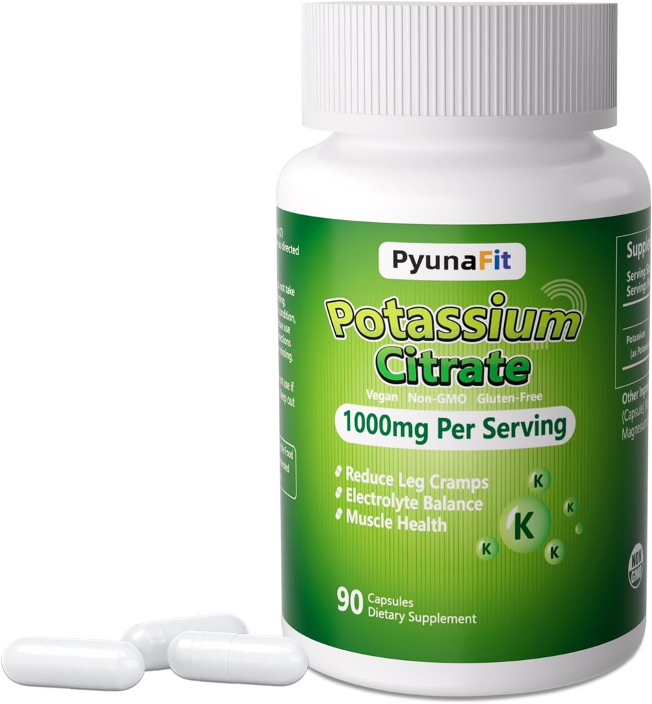 Potassium Supplement 1000mg – High Potassium Citrate for Leg Cramps, Muscle Health, and Heart Support, Non-GMO & Gluten-Free, 90 Capsules