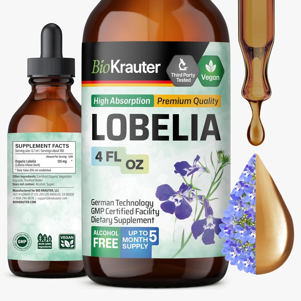 BIO KRAUTER Lobelia Tincture for Lung Cleanse & Detox - Pure Vegan Lobelia Herb Liquid Extract - 4 Fl.Oz 168 Days of Supply - Breathing & Respiratory Support Supplement - Alcohol & Sugar Free, Non-GMO