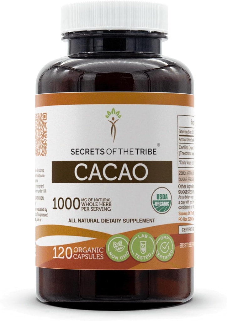 USDA Organic Cacao Capsules, 1000 mg, 120 Count - Raw Dried Theobroma Cacao Beans