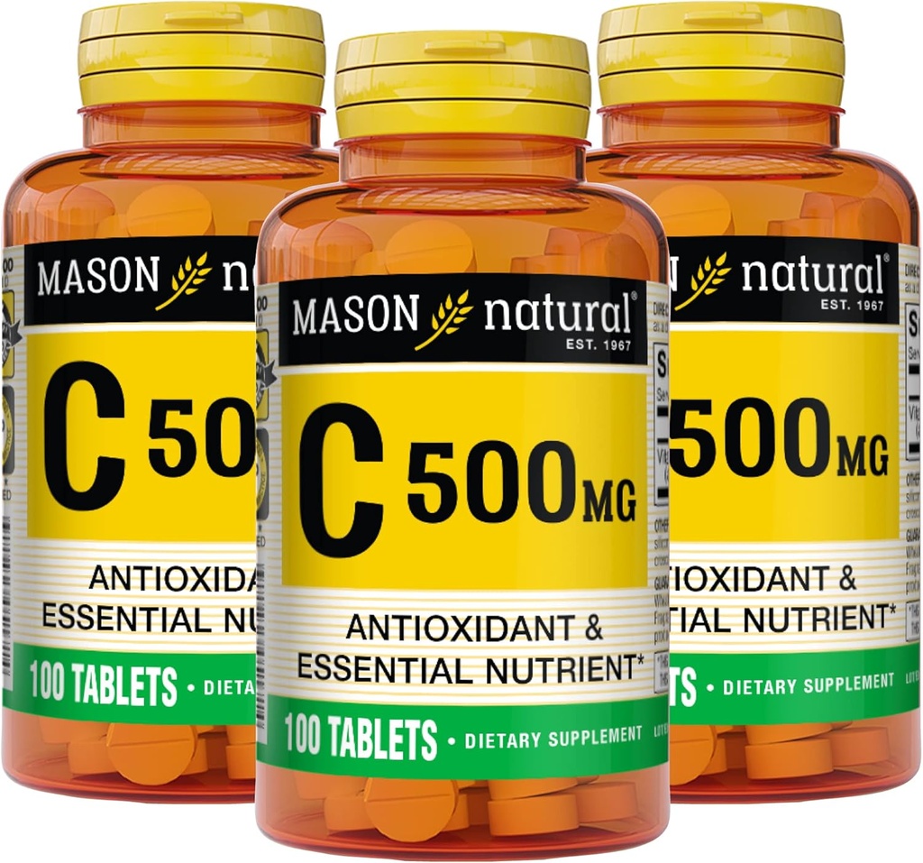 MASON NATURAL Vitamin C 500 mg - Supports Healthy Immune System, Antioxidant and Essential Nutrient, 100 Tablets (Pack of 3)