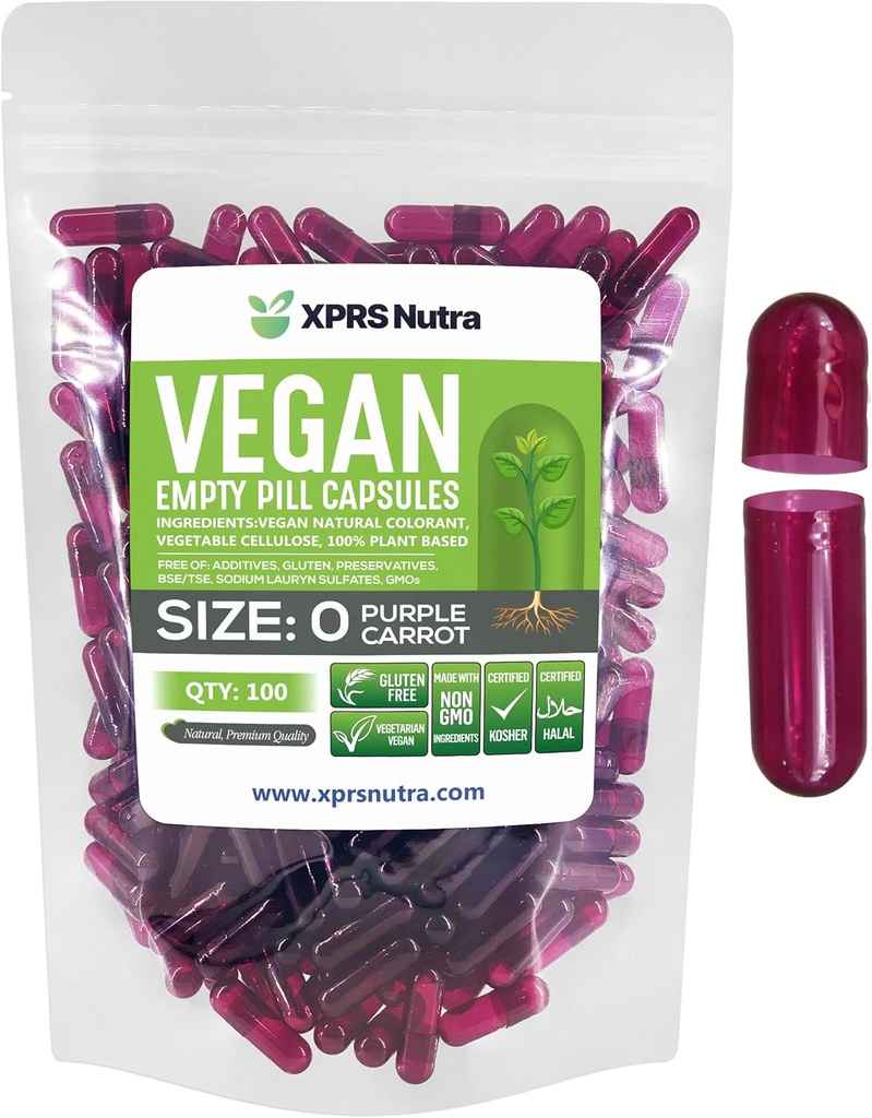 XPRS Nutra Size 0 Empty Capsules - 100 Count Empty Vegan Capsules - Vegetarian Pills - DIY Vegetable Capsule Filling - Veggie Pill Caps for Do-It-Yourself Supplements (Purple Carrot)