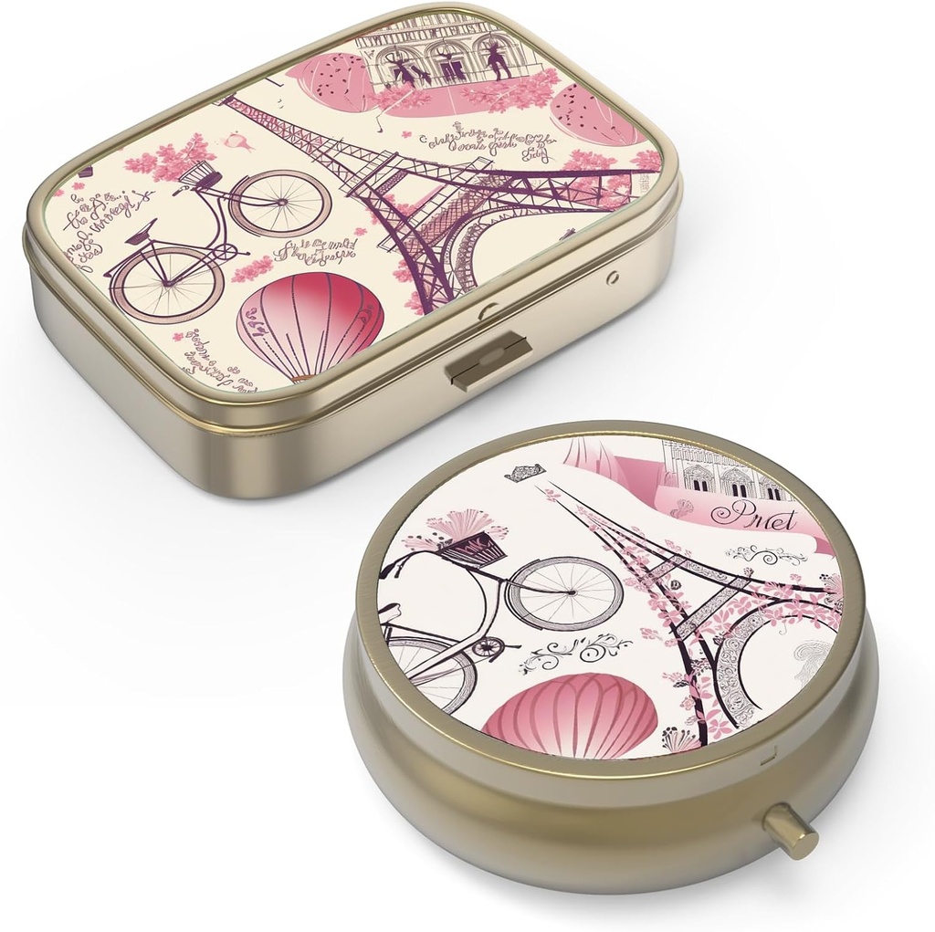 Pill Case Pill Box with Mirror Retro Small Pill Case for Purse or Pocket Bronze Pill Box or Vitamins, Fish Oil, Supplements, Pill Containe Travel Gifts（2PCS）