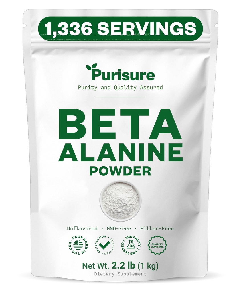 Purisure Beta Alanine Powder 1kg, Pure Beta Alanine Pre-Workout Supplement for Sustained Energy, Beta Alanine Pre Workout Powder for Men and Women, Alanine Supplement for Endurance, 1,336 Servings