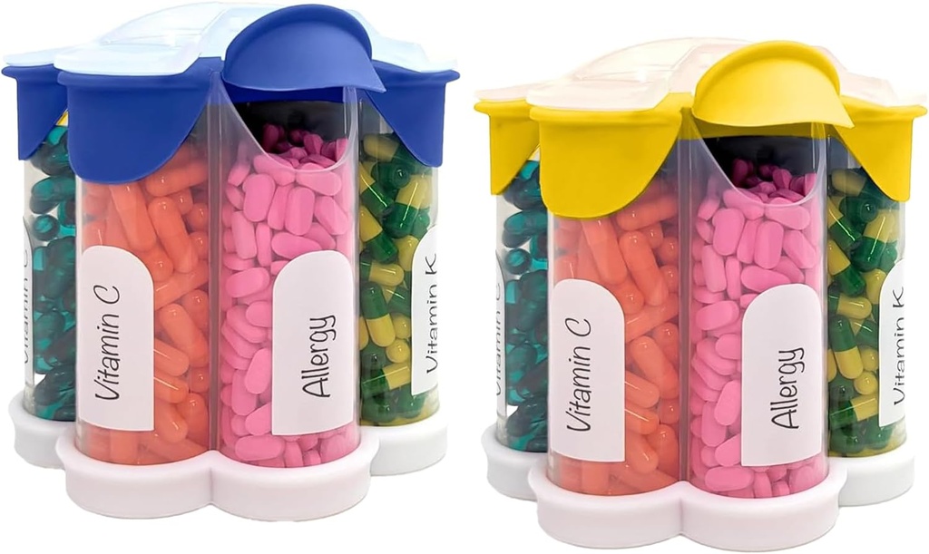 Extra Large Pill Organizer Daily, Weekly, Monthly Supplement Bottle, Cute Blossom Pill Dispenser with 7 XL Compartments (2 Pack Combo) (Dark Blue and Yellow)