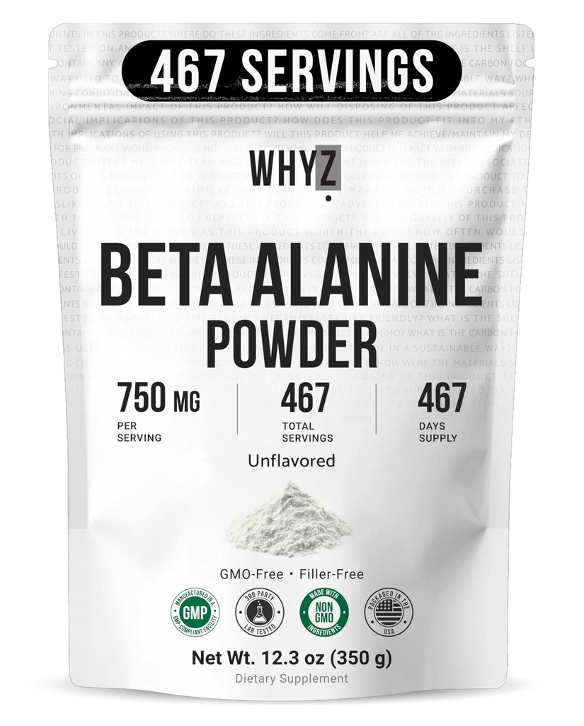 WHYZ Beta Alanine Powder Pure Beta Alanine Pre-Workout Supplement for Sustained Energy for Men and Women, Alanine Supplement for Endurance, 467 Servings, 350g (12.3 lb)