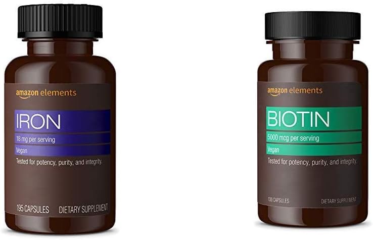 Amazon Elements Iron 18mg Capsules, Supports Red Blood Cell Production, Vegan (195 Count, 6 Month Supply) and Amazon Elements Vegan Biotin 5000 mcg - Hair, Skin, Nails (130 Capsules, 4 Month Supply)