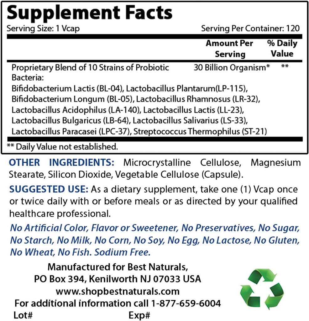 Best Naturals Probiotic 10 Strains & 30 Billion CFU & COQ10 100 mg