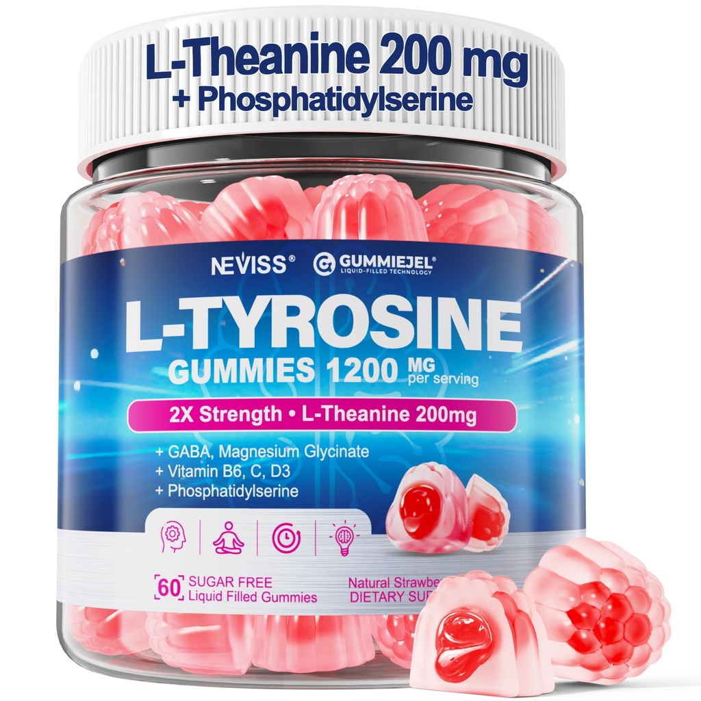 L Tyrosine Gummies Supplement 1200mg, GABA L-Theanine Supplement 200mg with Magnesium Glycinate Vitamin B6, D3 & C - Calm & Focus Gummies - Brain Supplements for Memory, Mood & Relax for Adults, Vegan
