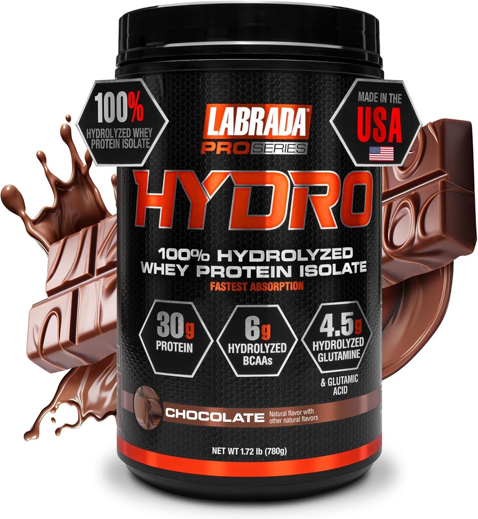 LABRADA Hydro 100% Pure Hydrolyzed Whey Protein Isolate Powder, Lactose Free, Fastest Digesting, Instant Mixing,Delicious Taste 20 Servings(Chocolate)
